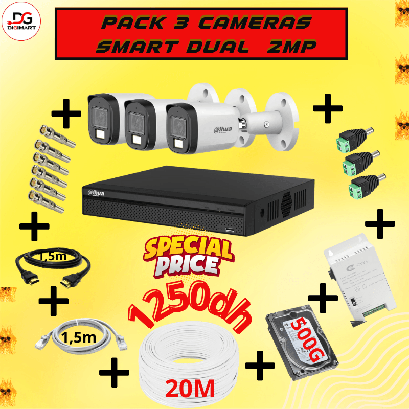 Pack 3 Caméras dahua Smart Dual 2MP – 2